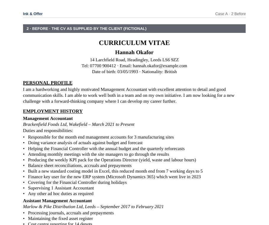 Fictional sample CV before rewriting, as supplied by the client
