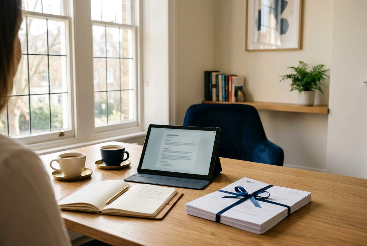 A coaching table set for a client meeting, with coffee cups, an open notebook, a tablet showing a CV and a ribbon-tied stack of finished CVs